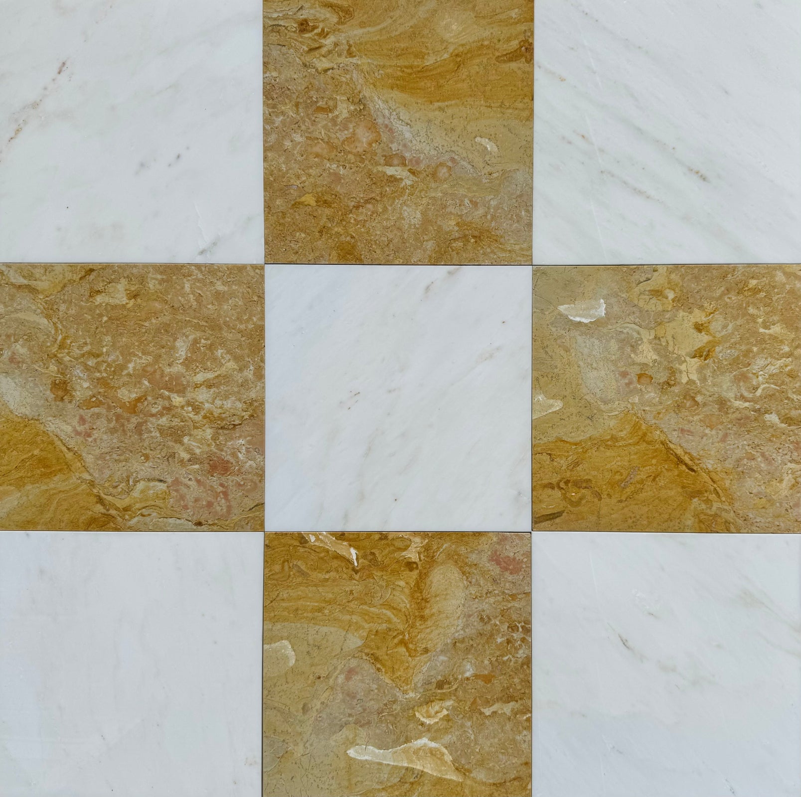 Checkerboard Calacatta Caldia and Giallo Reale Marble Tile 12x12