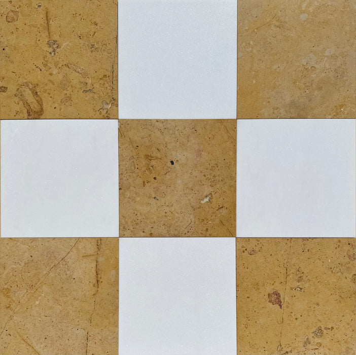 Checkerboard Thassos White Polished and Terra Gold Honed Limestone Tile