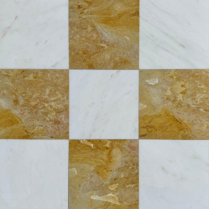 Checkerboard Calacatta Caldia and Giallo Reale Marble Tile