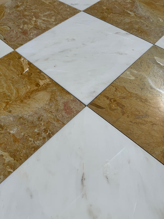 Checkerboard Calacatta Caldia and Giallo Reale Marble Tile