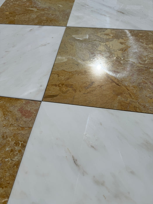 Checkerboard Calacatta Caldia and Giallo Reale Marble Tile