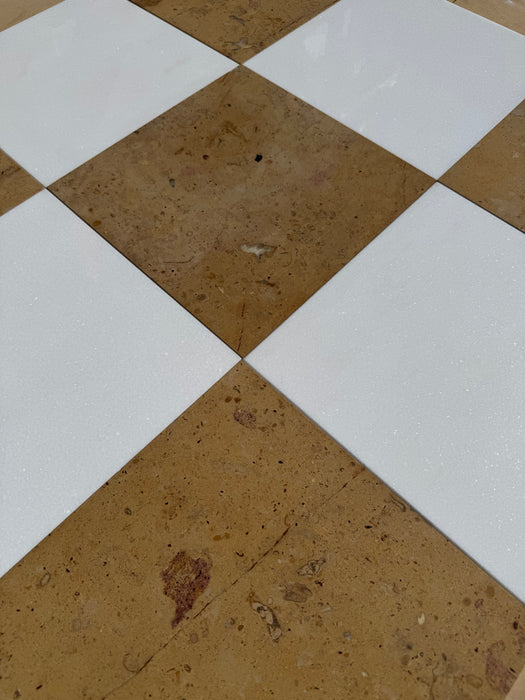 Checkerboard Thassos White Polished and Terra Gold Honed Limestone Tile