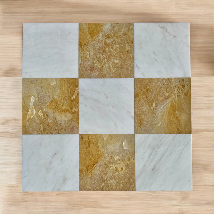 Checkerboard Calacatta Caldia and Giallo Reale Marble Tile