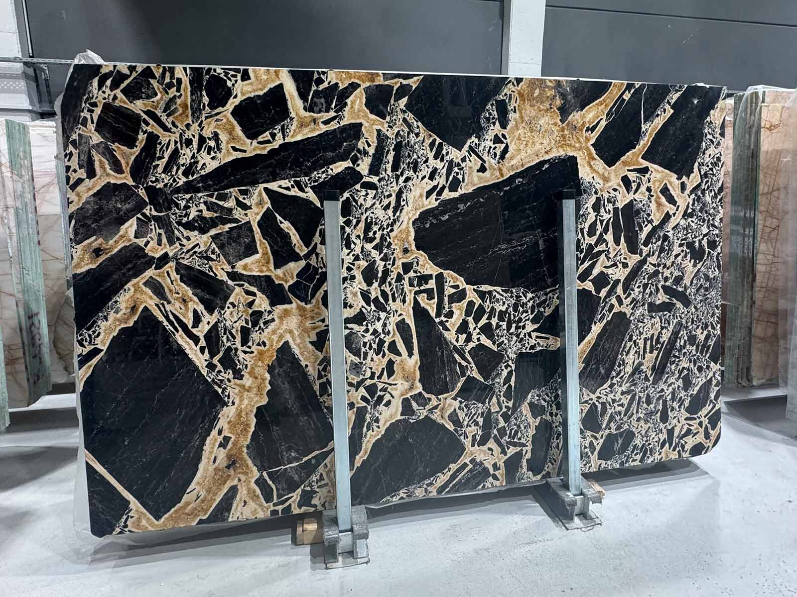 Serengeti Leopard Marble Slab showing golden and ivory veins