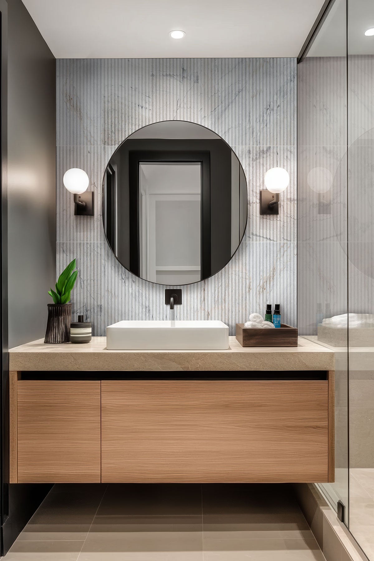 Arabescato Venato Milano Ribbo Marble installed on bathroom wall with honed finish