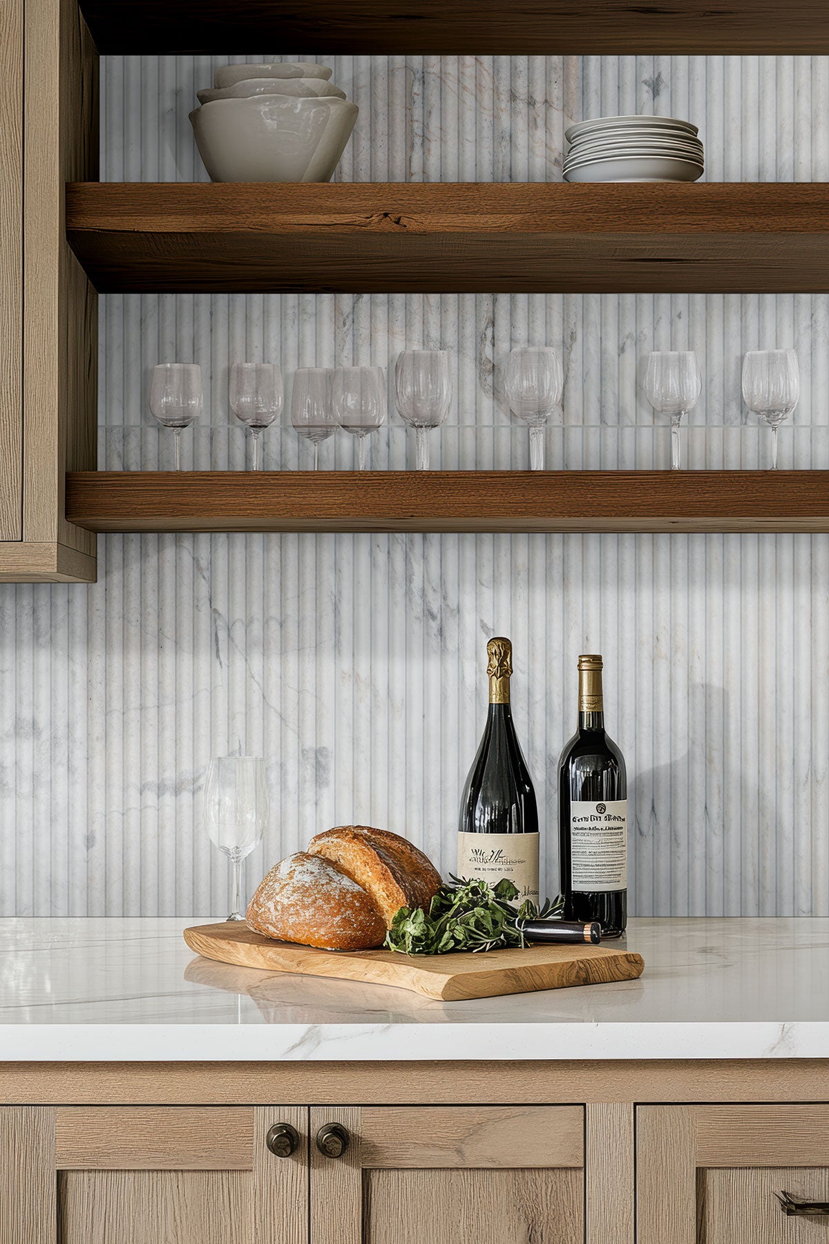 Arabescato Venato Milano Ribbo Marble installed on kitchen wall with honed finish