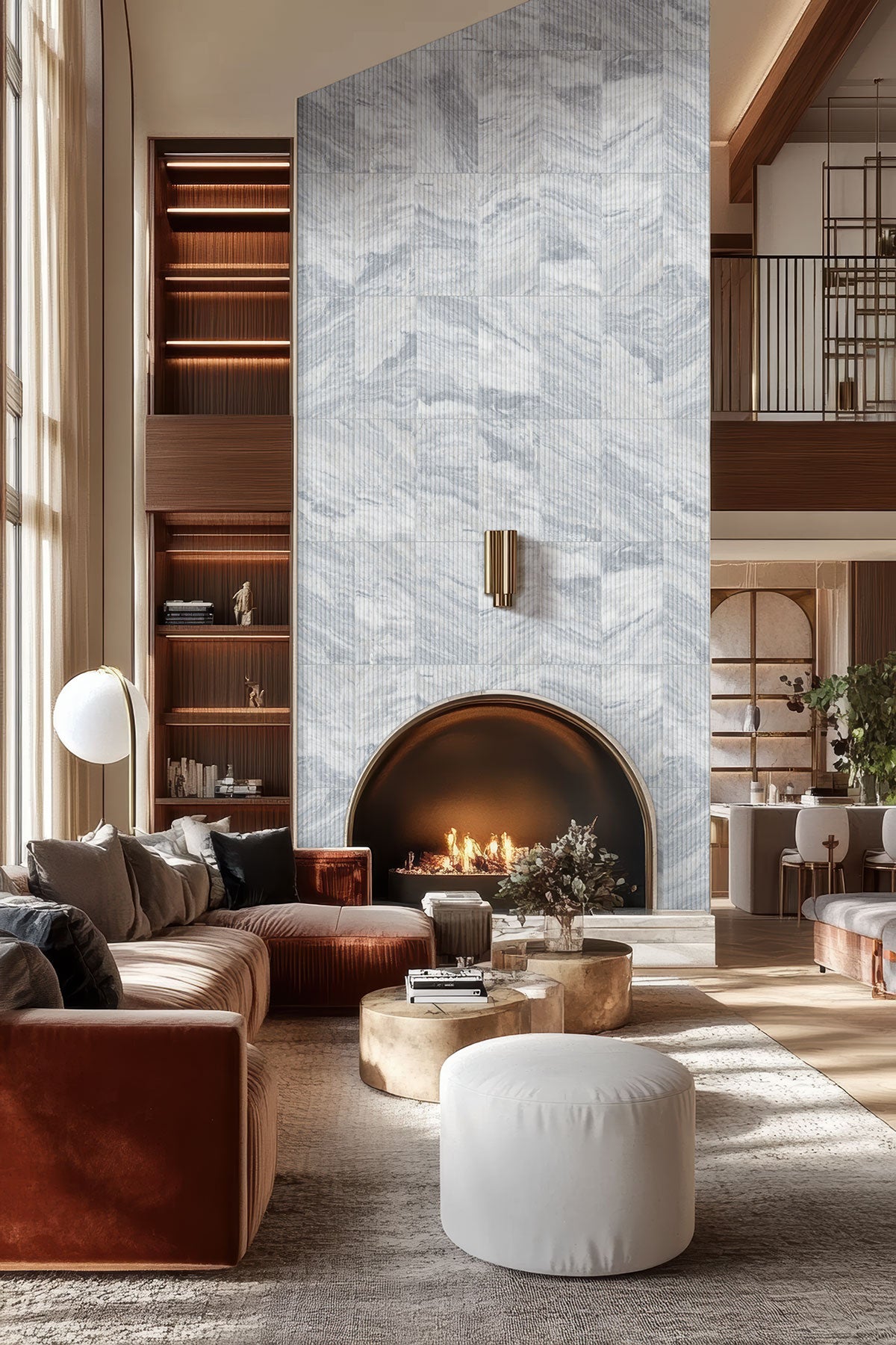 Arabescato Venato Milano Ribbo Marble installed on fireplace wall with honed finish