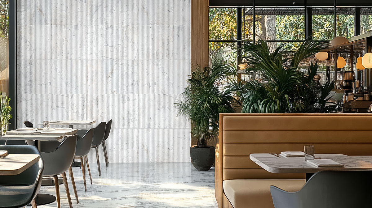 Arabescato Venato Milano Ribbo Marble installed on modern accent wall with honed finish
