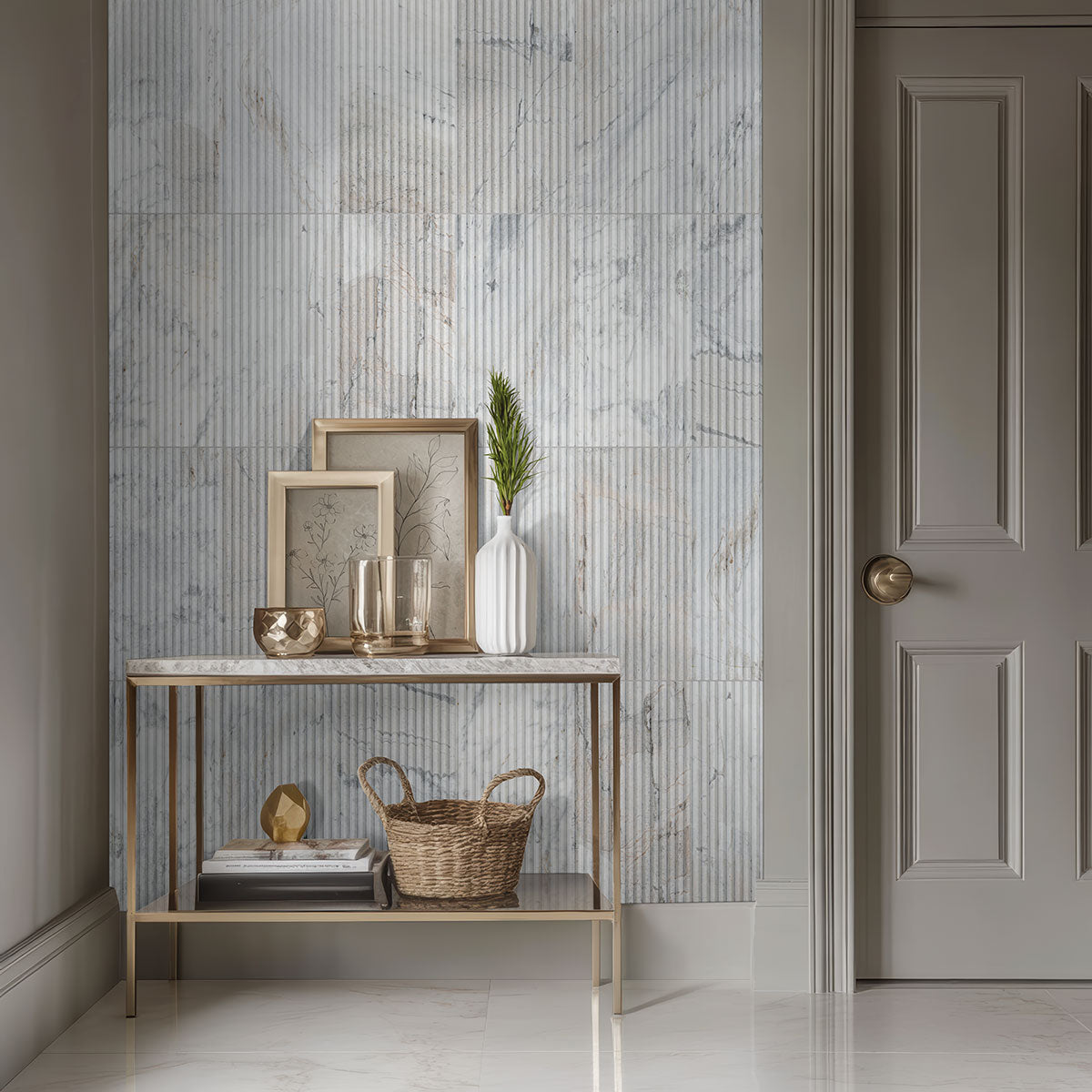 Arabescato Venato Milano Ribbo Marble installed on modern accent wall with honed finish