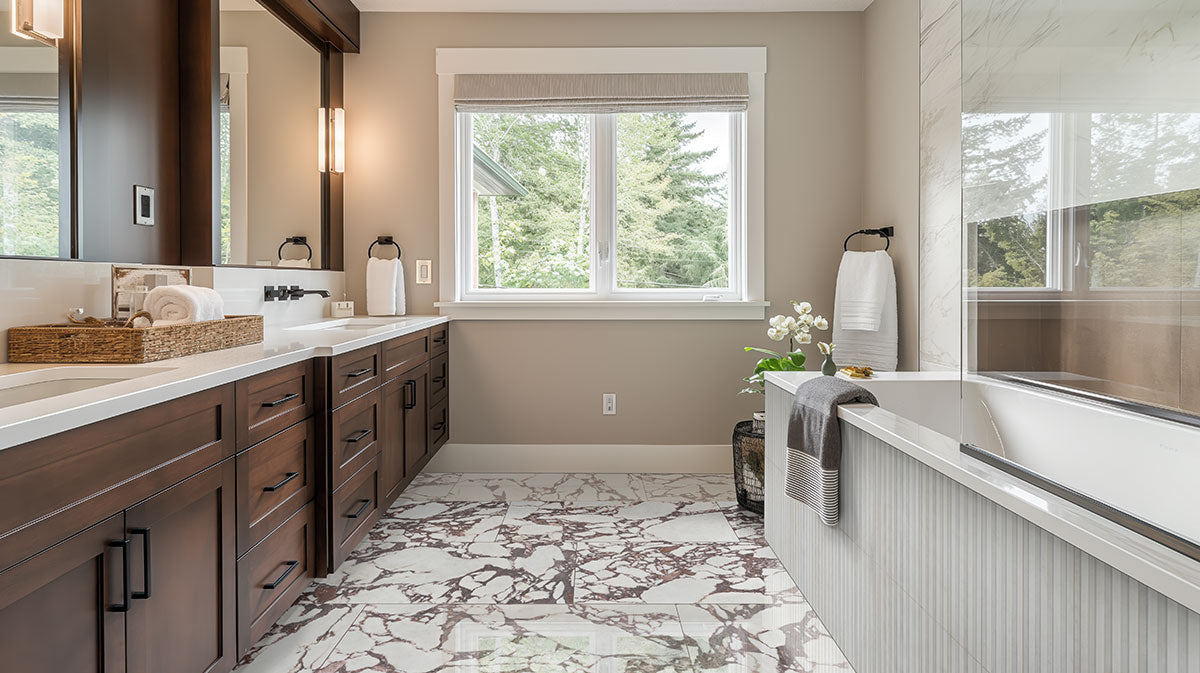 Arabescato Venato Slat 4x12 tile used on bathroom or accent wall