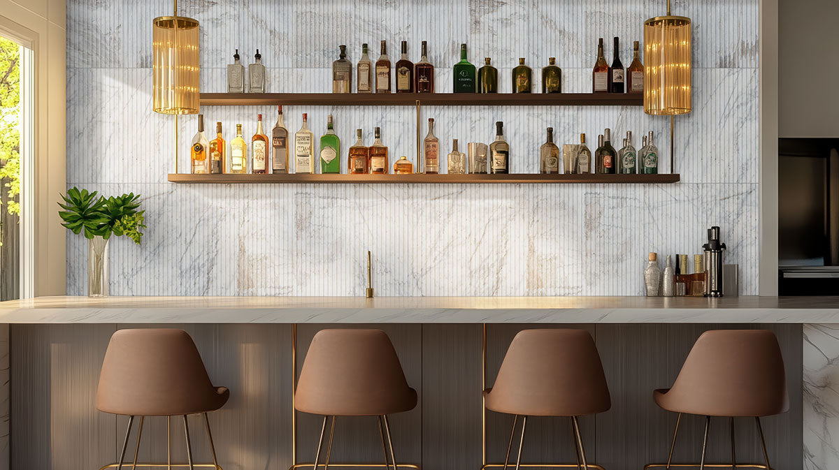 Installed view of Arabescato Venato Valentino Fluto tile on a restaurant wall.