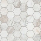 Flat view of Arabescato Venato White 5 inch Hexagon Honed Marble Tile with mesh backing