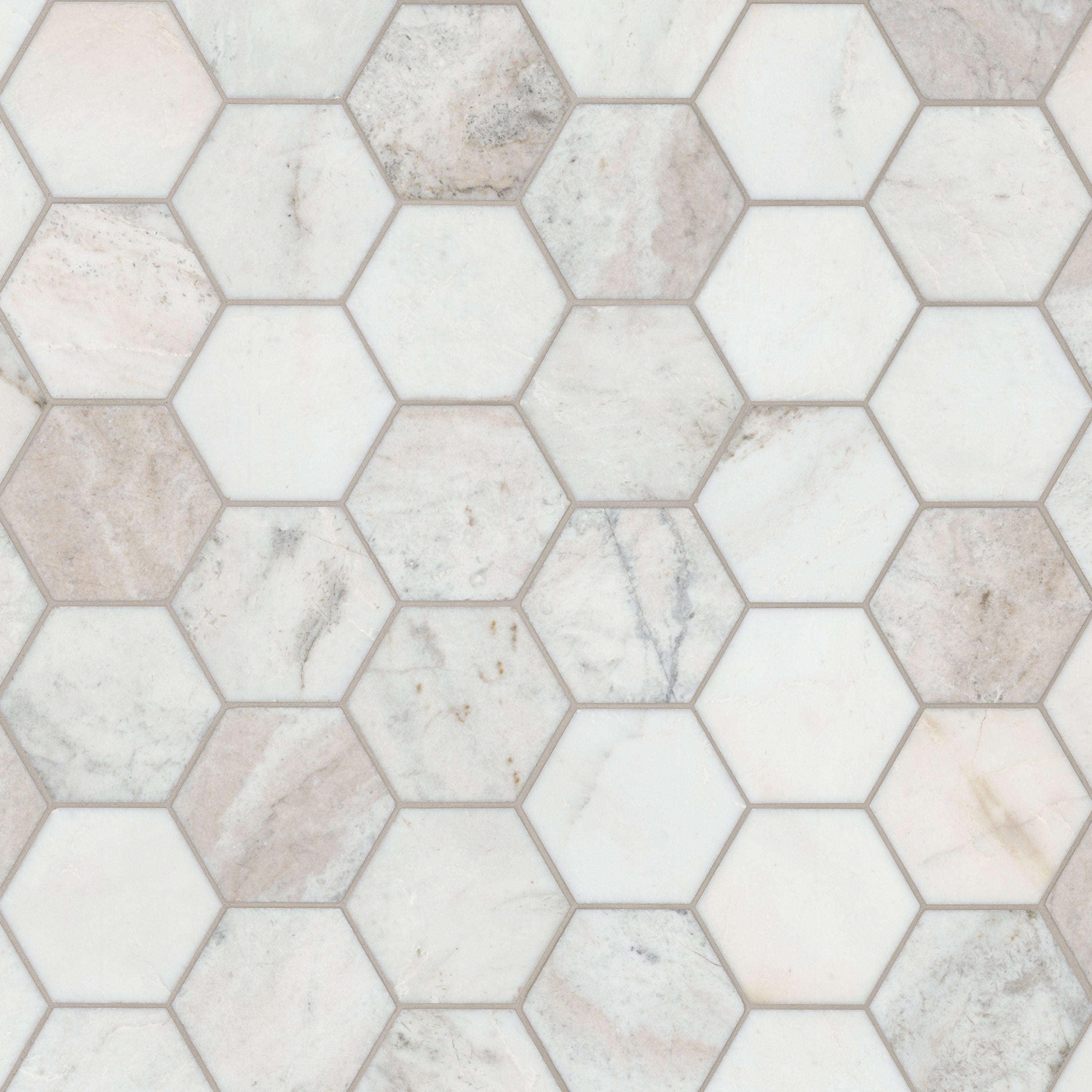 Flat view of Arabescato Venato White 5 inch Hexagon Honed Marble Tile with mesh backing