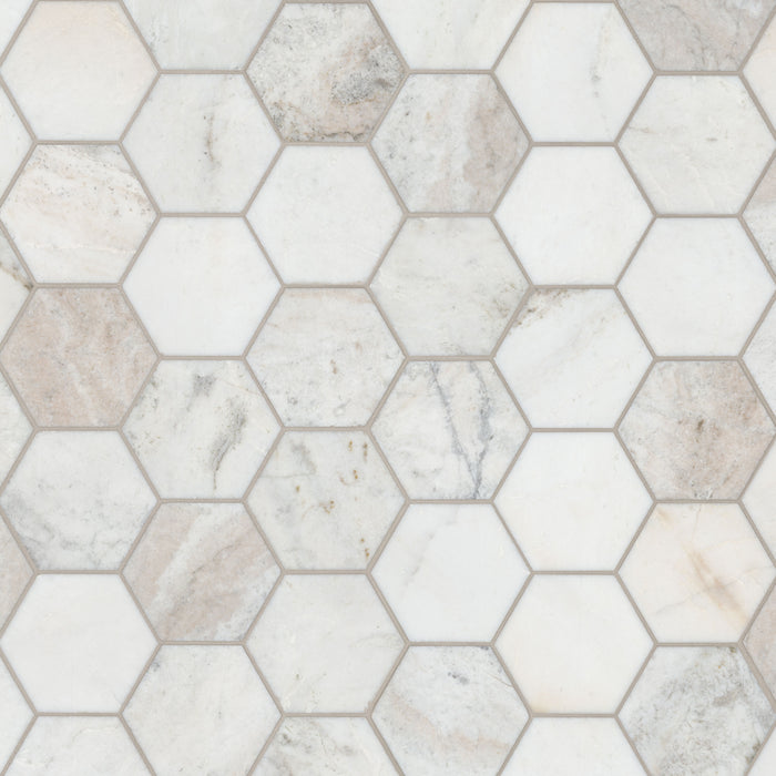 Flat view of Arabescato Venato White 5 inch Hexagon Honed Marble Tile with mesh backing