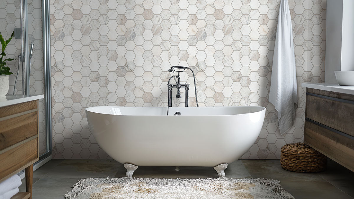 Arabescato Venato White hexagon tile installed as bathroom floor and wall feature