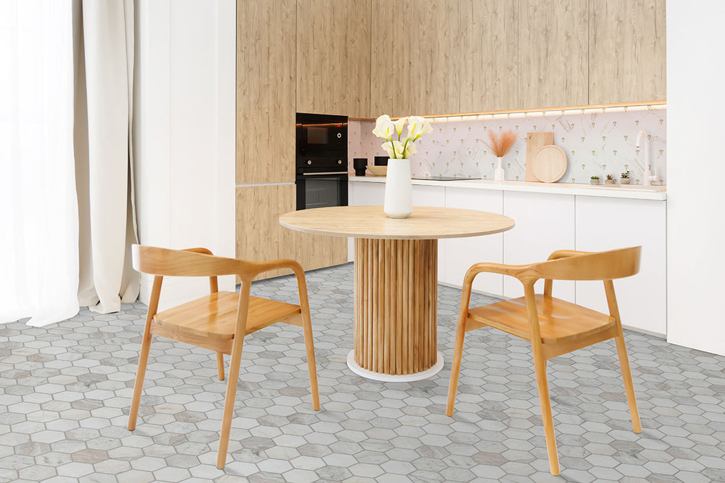 Arabescato Venato White hexagon tile installed on kitchen floor