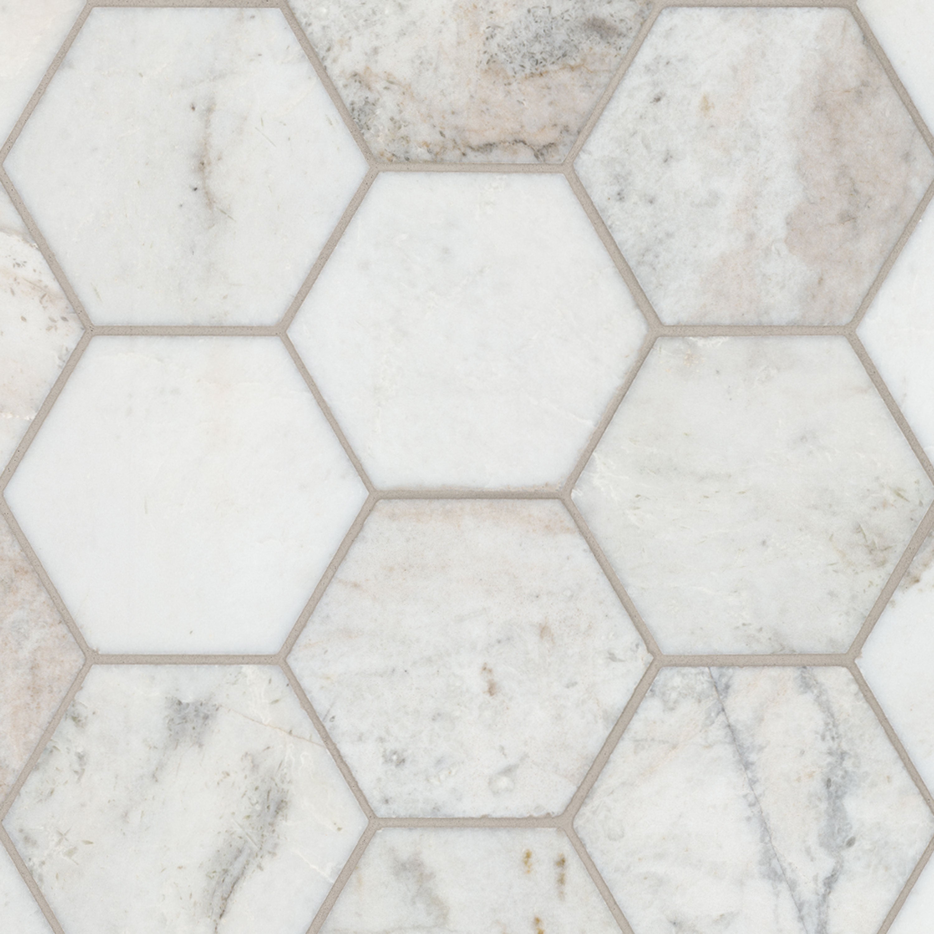 Flat view of Arabescato Venato White 5 inch Hexagon Honed Marble Tile with mesh backing