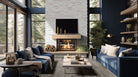 Arctic White XL Quartzite Panels installed on a fireplace wall with bright, layered texture