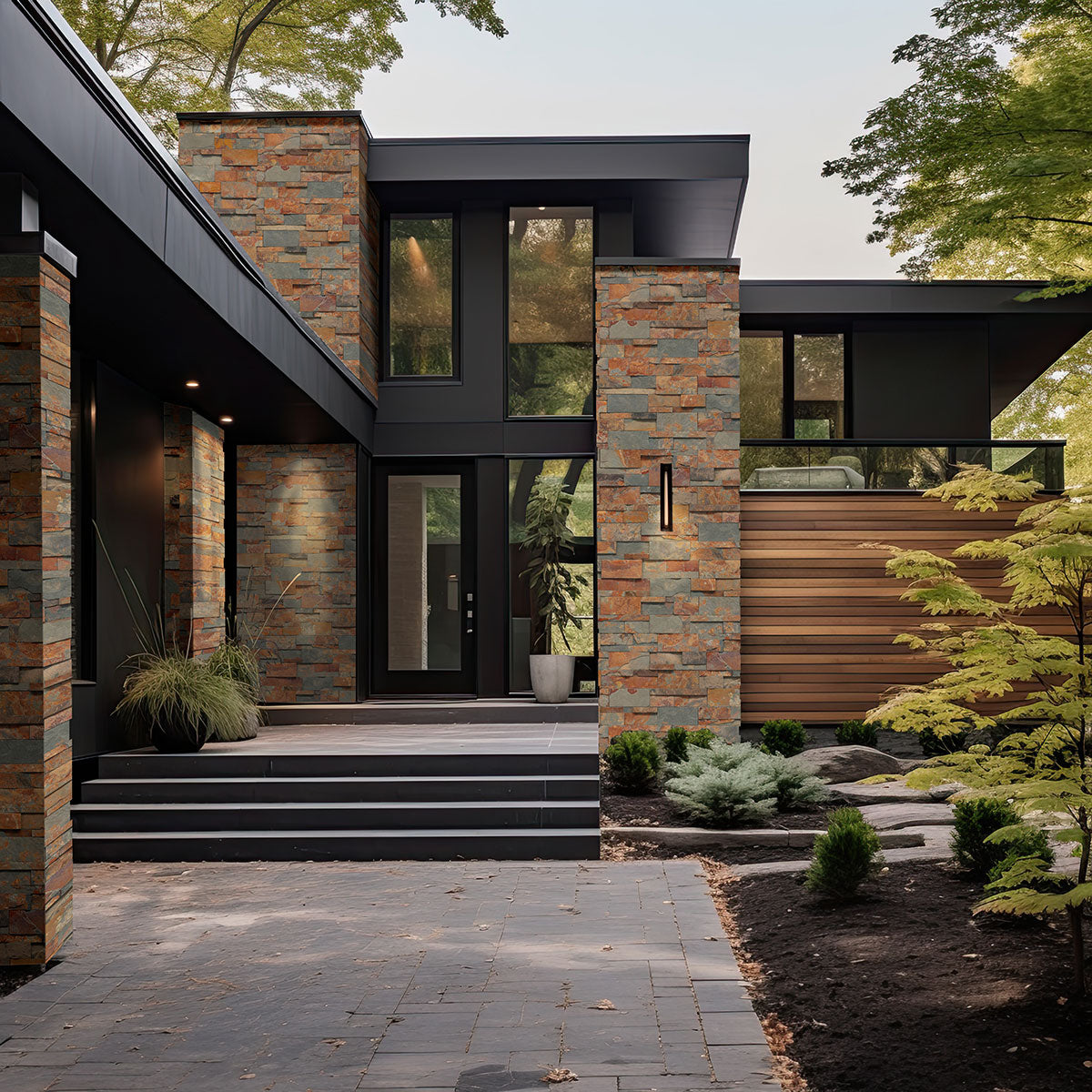 California Gold XL Stacked Slate Panels installed on outdoor wall with warm, earthy tones