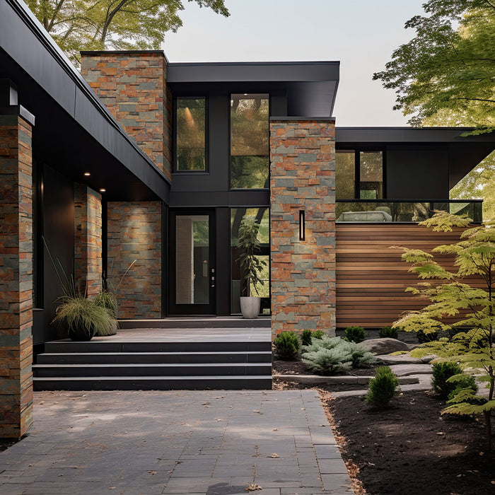 California Gold XL Stacked Slate Panels installed on outdoor wall with warm, earthy tones