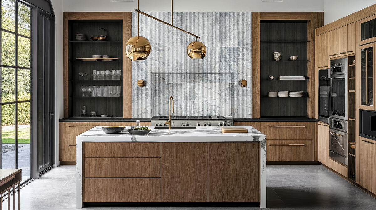 Capri Blue Milano Ribbo Marble Tiles installed on modern feature kitchen wall with honed finish