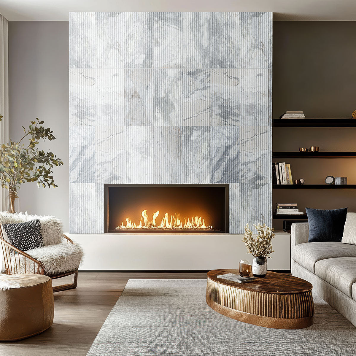 Capri Blue Milano Ribbo Marble Tiles installed on fireplace wall with honed finish
