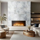 Capri Blue Milano Ribbo Marble Tiles installed on fireplace wall with honed finish