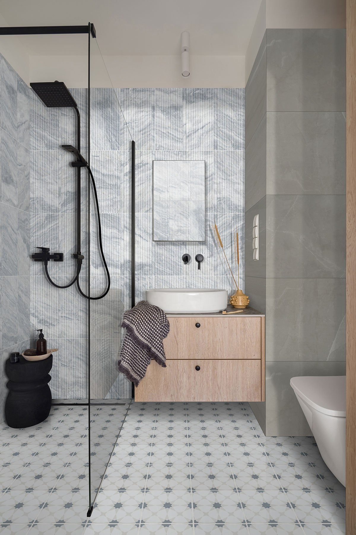 Capri Blue Valentino Fluto Marble Tiles installed on bathroom wall with honed finish