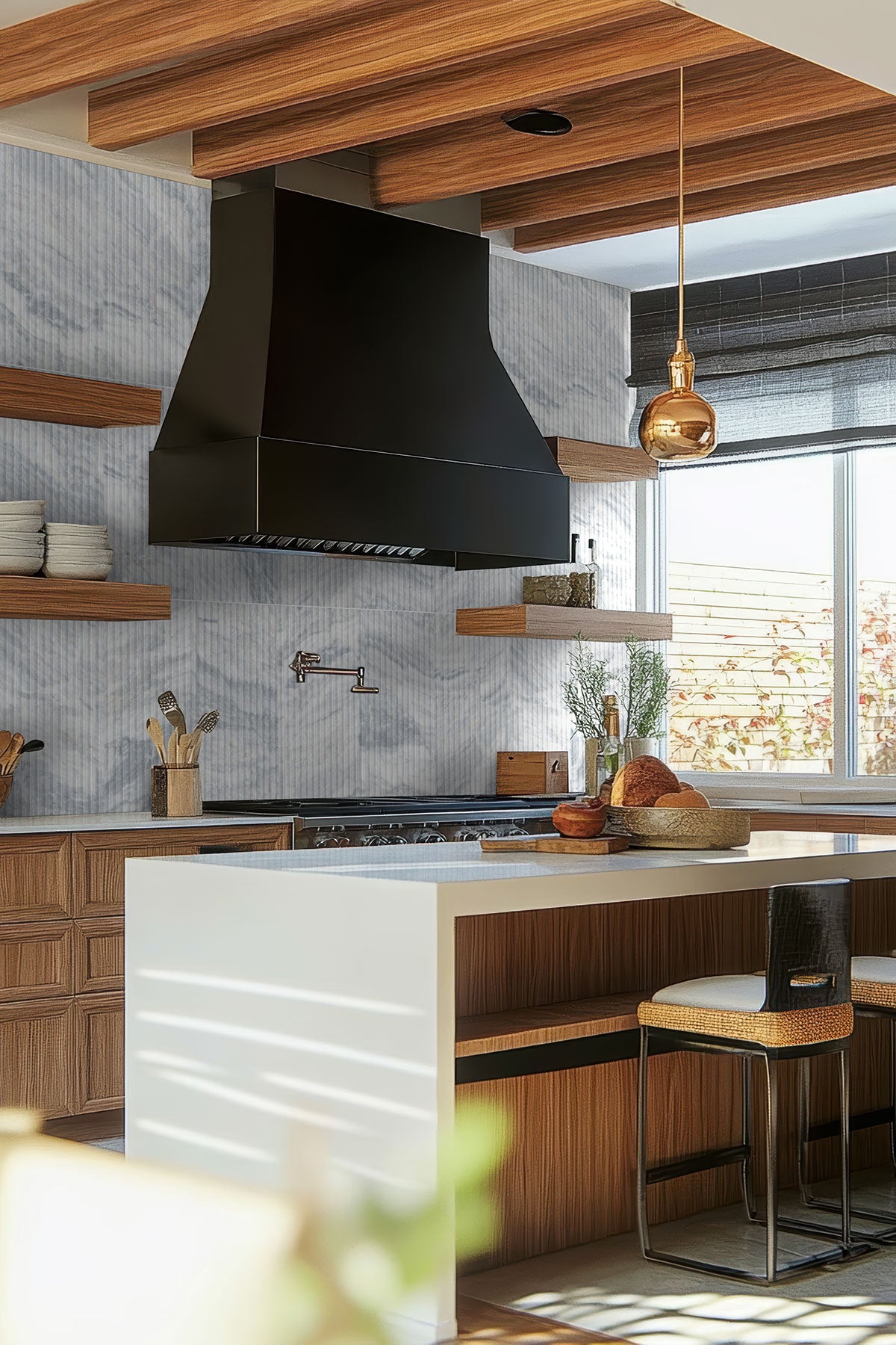 Capri Blue Valentino Fluto Marble Tiles installed on kitchen wall with honed finish