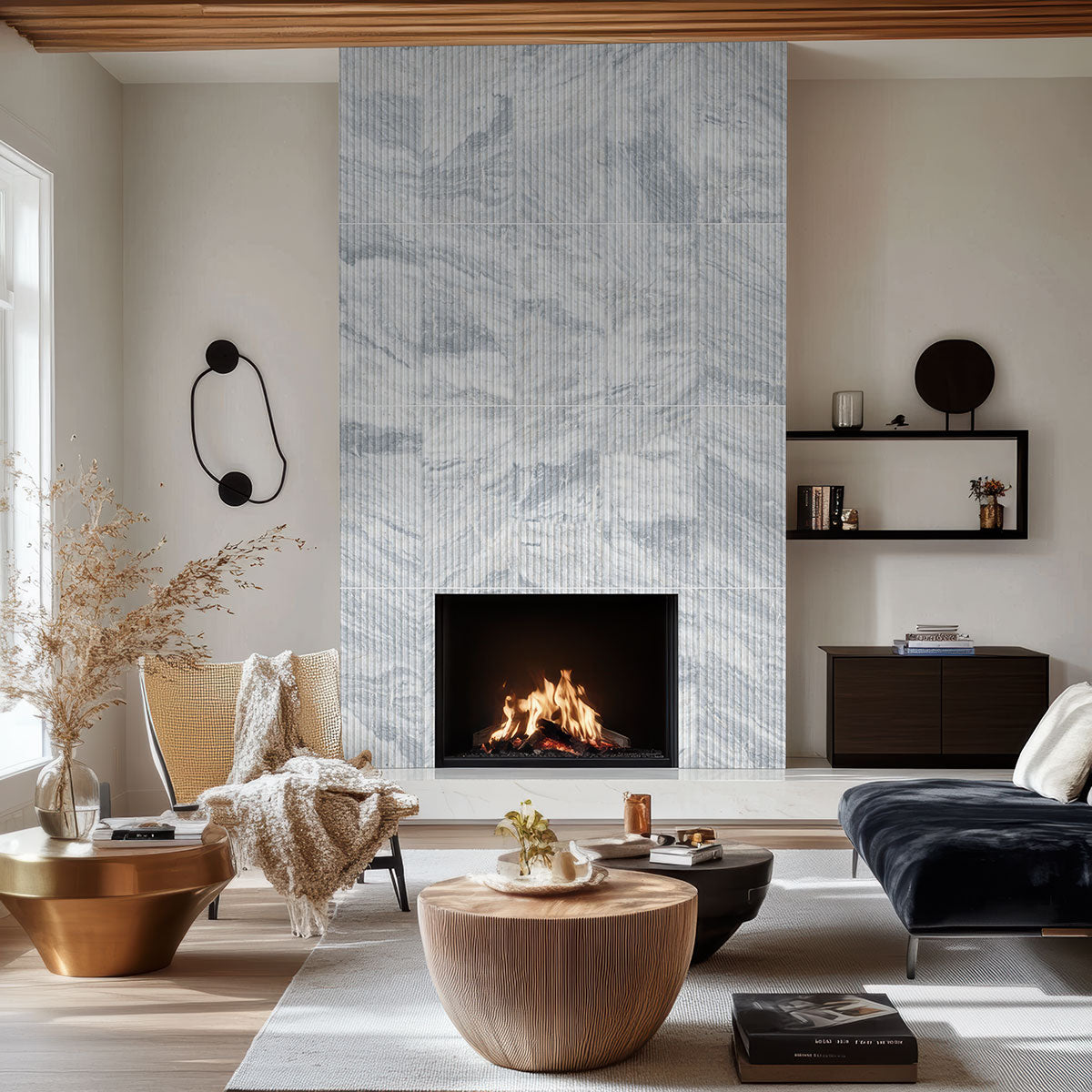 Capri Blue Valentino Fluto Marble Tiles installed on fireplace wall with honed finish