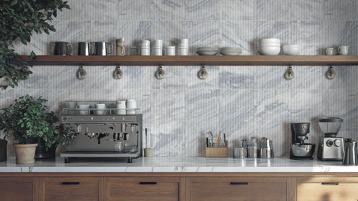 Capri Blue Valentino Fluto Marble Tiles installed on kitchen wall with honed finish
