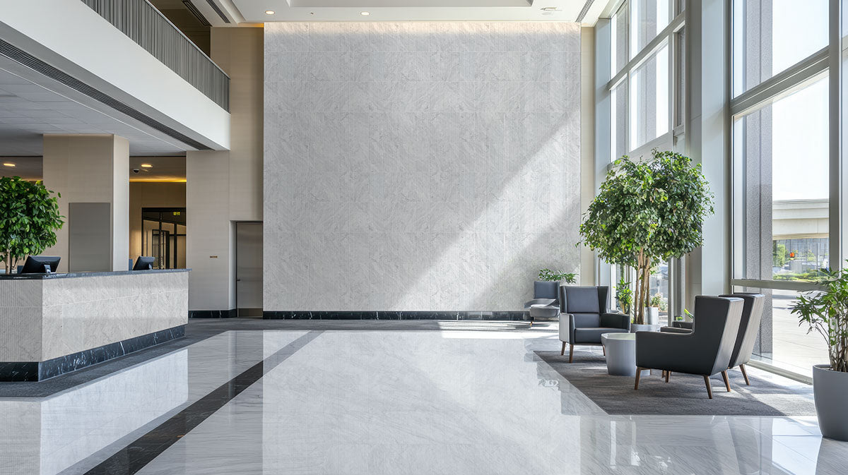 Carrara White Valentino Fluto Marble Tiles installed on commercial accent wall with honed finish