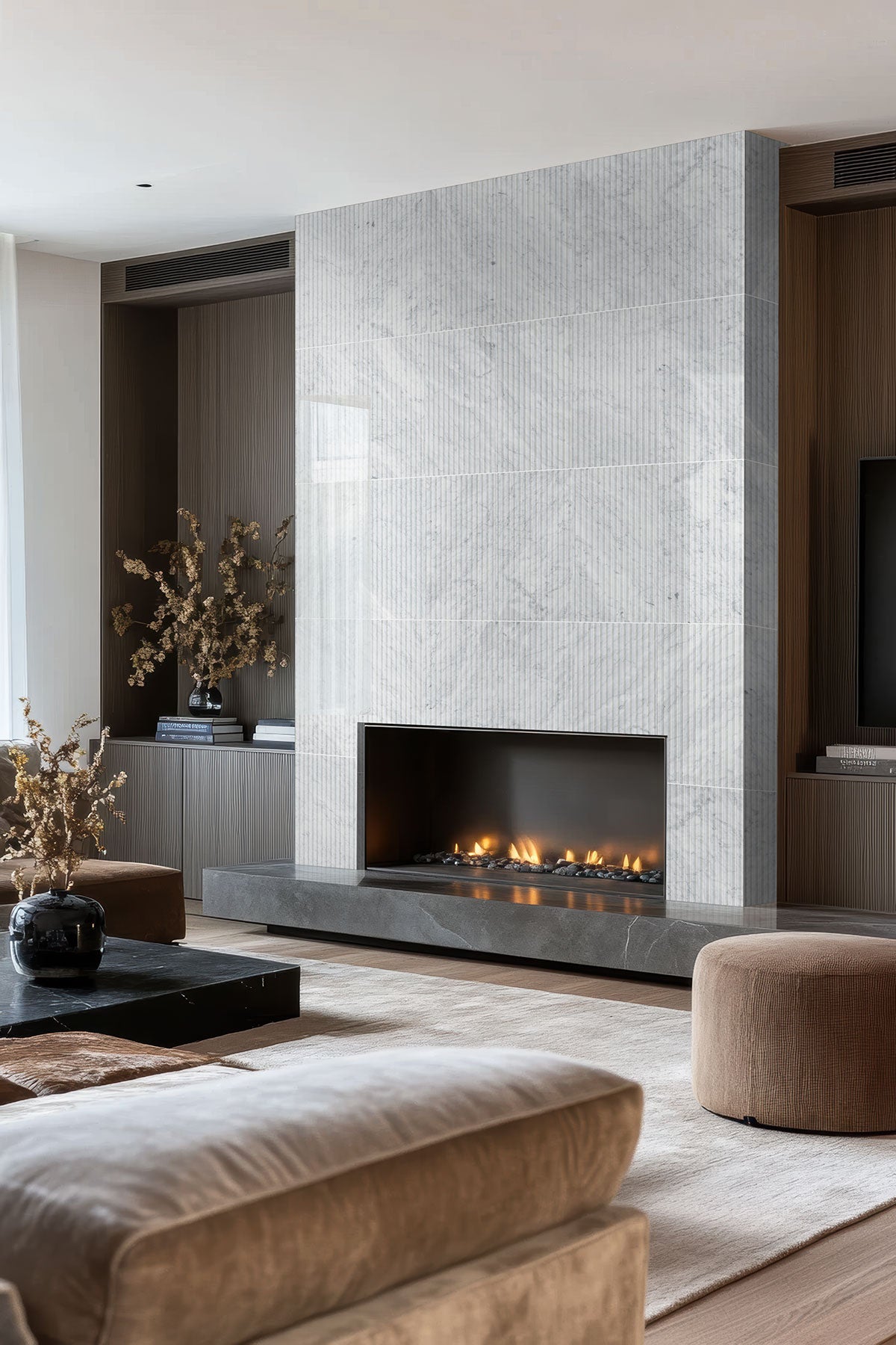Carrara White Valentino Fluto Marble Tiles installed on fireplace accent wall with honed finish