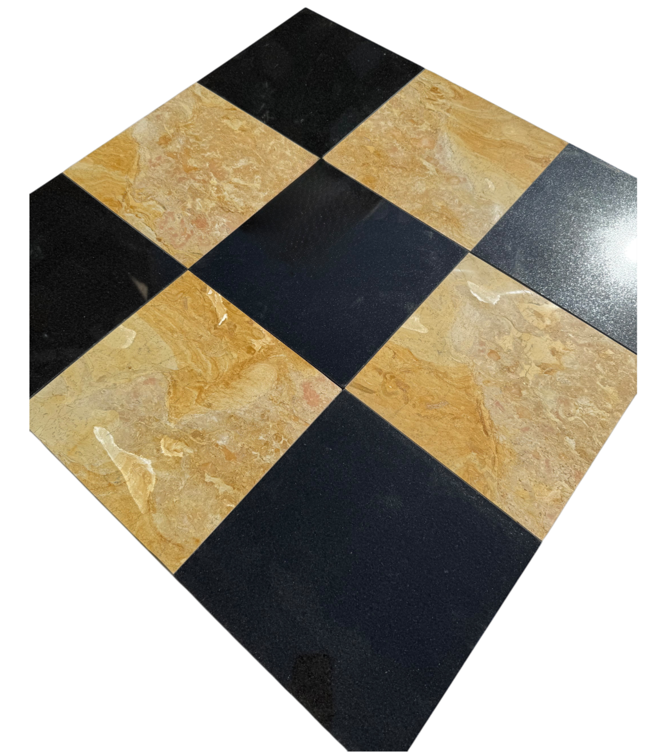 Checkerboard tile 12x12 with polished Calacatta Caldia and Giallo Reale marble squares