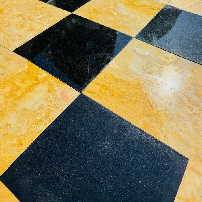 Checkerboard tile 12x12 with polished Calacatta Caldia and Giallo Reale marble squares