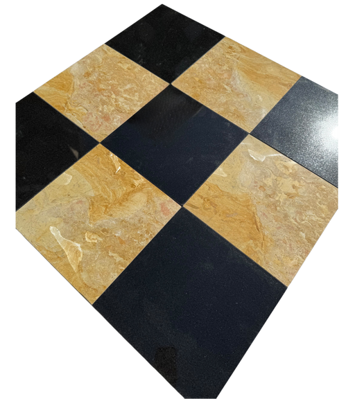 Checkerboard tile 12x12 with polished Calacatta Caldia and Giallo Reale marble squares
