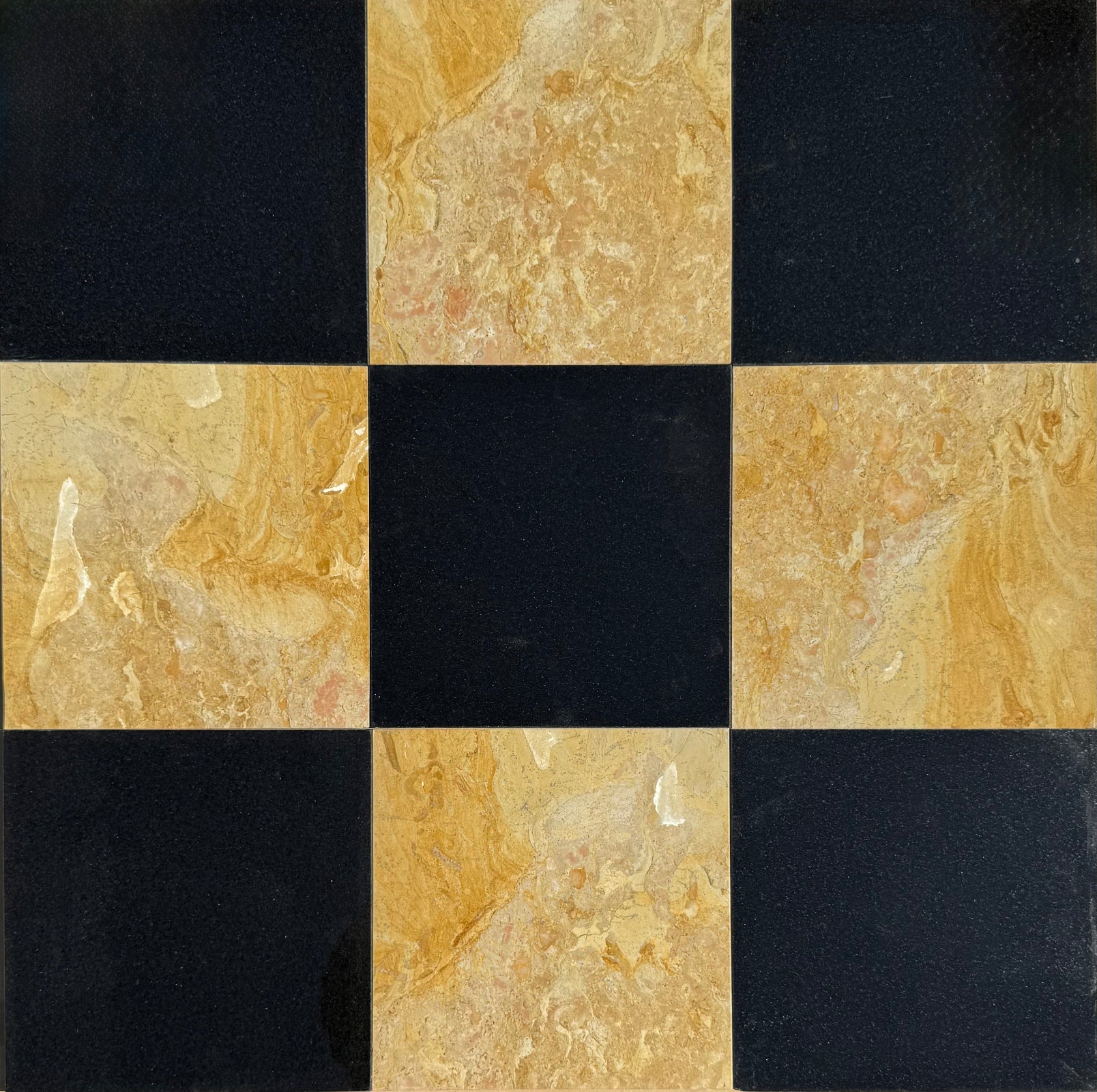 Checkerboard tile 12x12 with polished Calacatta Caldia and Giallo Reale marble squares