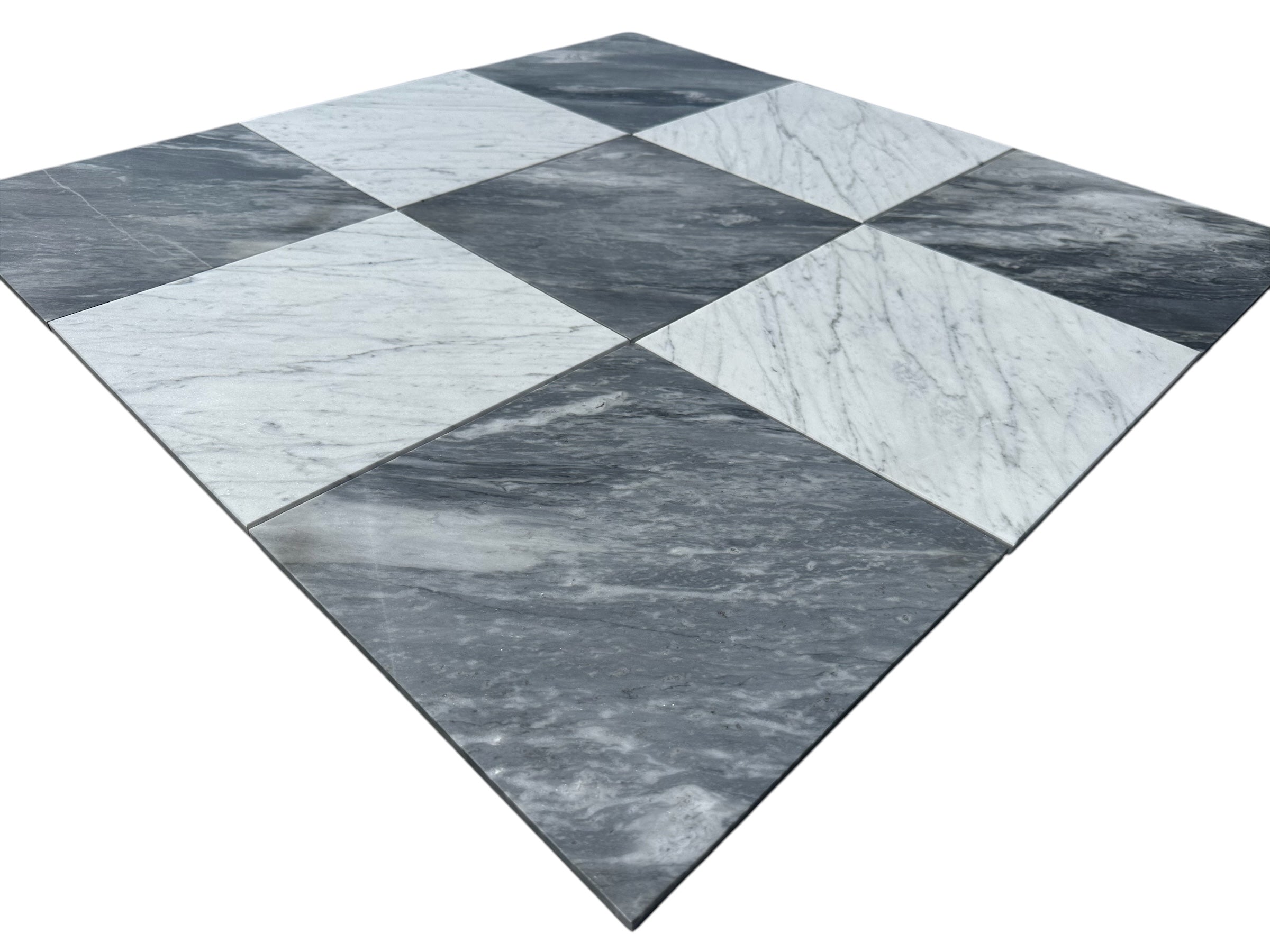 Close-up of Checkerboard Carrara and Bardiglio Marble tile showing contrast and fine marble veining
