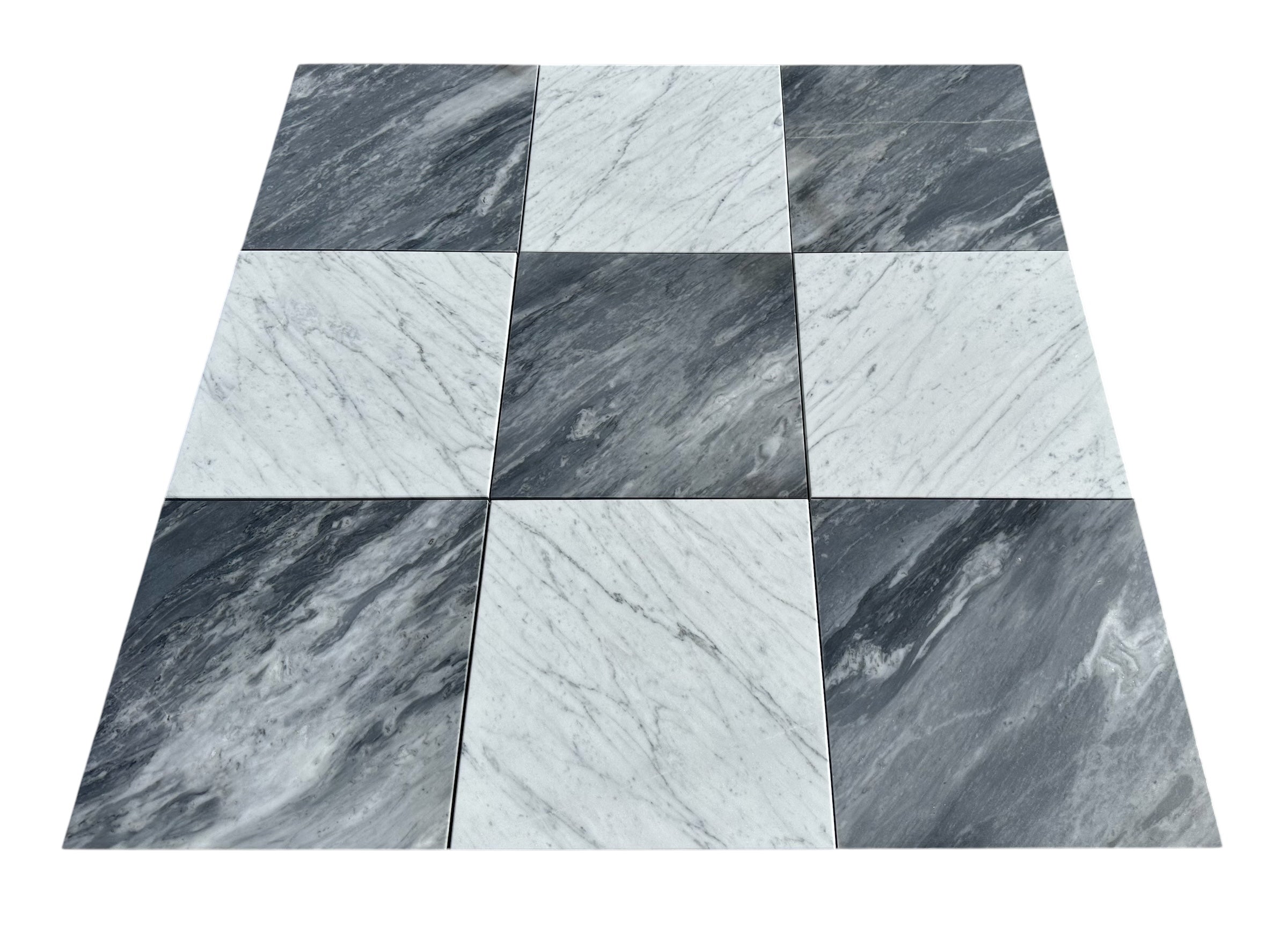 Close-up of Checkerboard Carrara and Bardiglio Marble tile showing contrast and fine marble veining