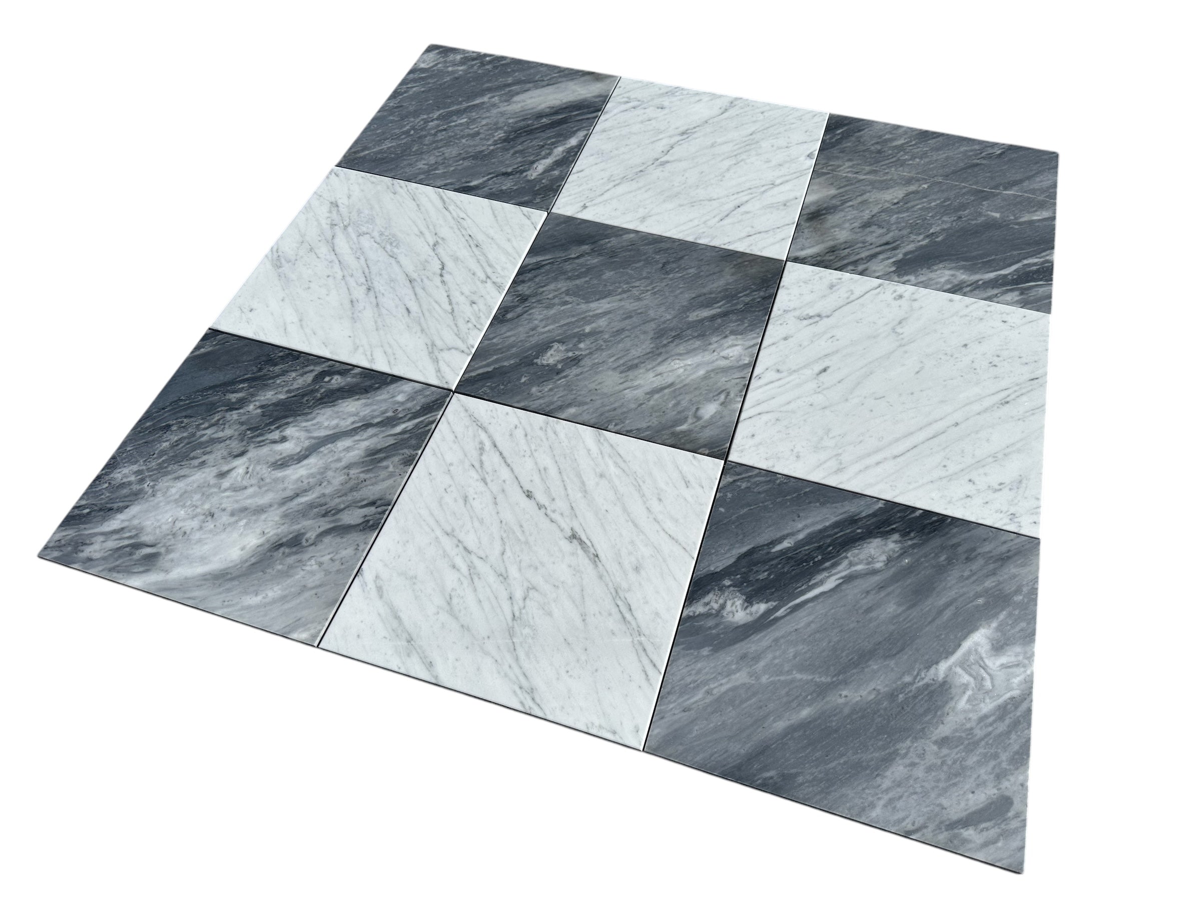 Close-up of Checkerboard Carrara and Bardiglio Marble tile showing contrast and fine marble veining