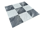 Close-up of Checkerboard Carrara and Bardiglio Marble tile showing contrast and fine marble veining
