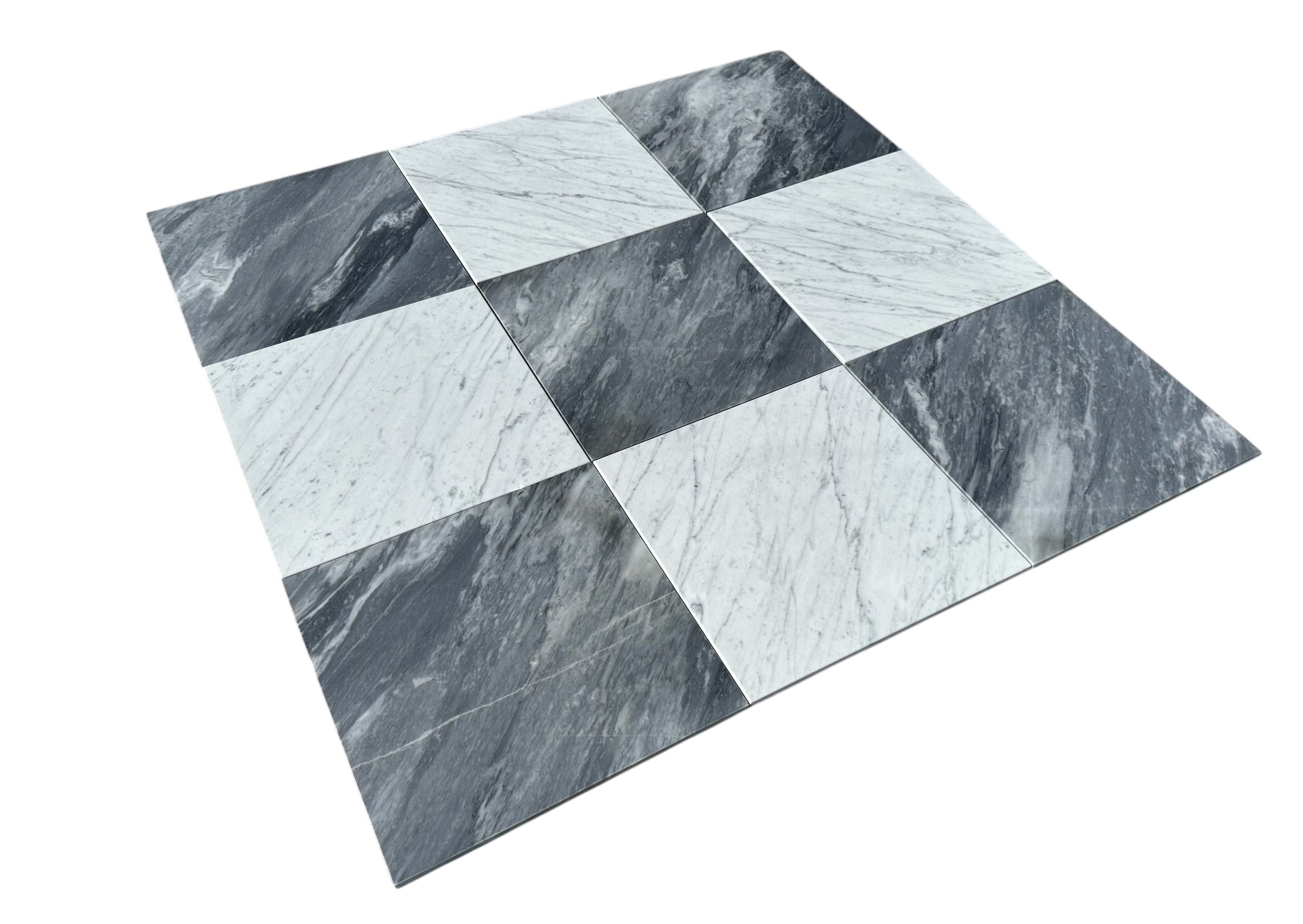 Close-up of Checkerboard Carrara and Bardiglio Marble tile showing contrast and fine marble veining
