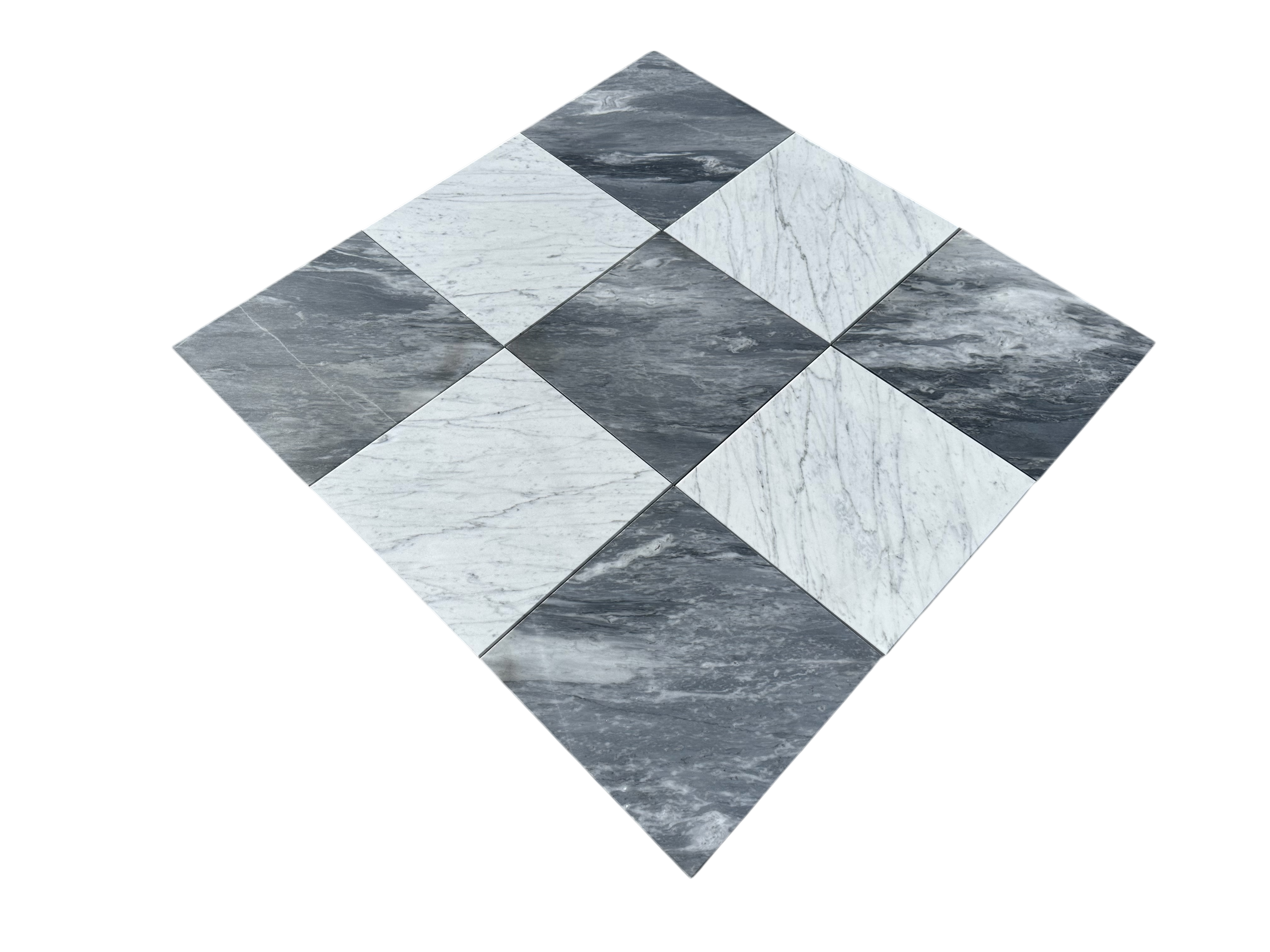 Close-up of Checkerboard Carrara and Bardiglio Marble tile showing contrast and fine marble veining