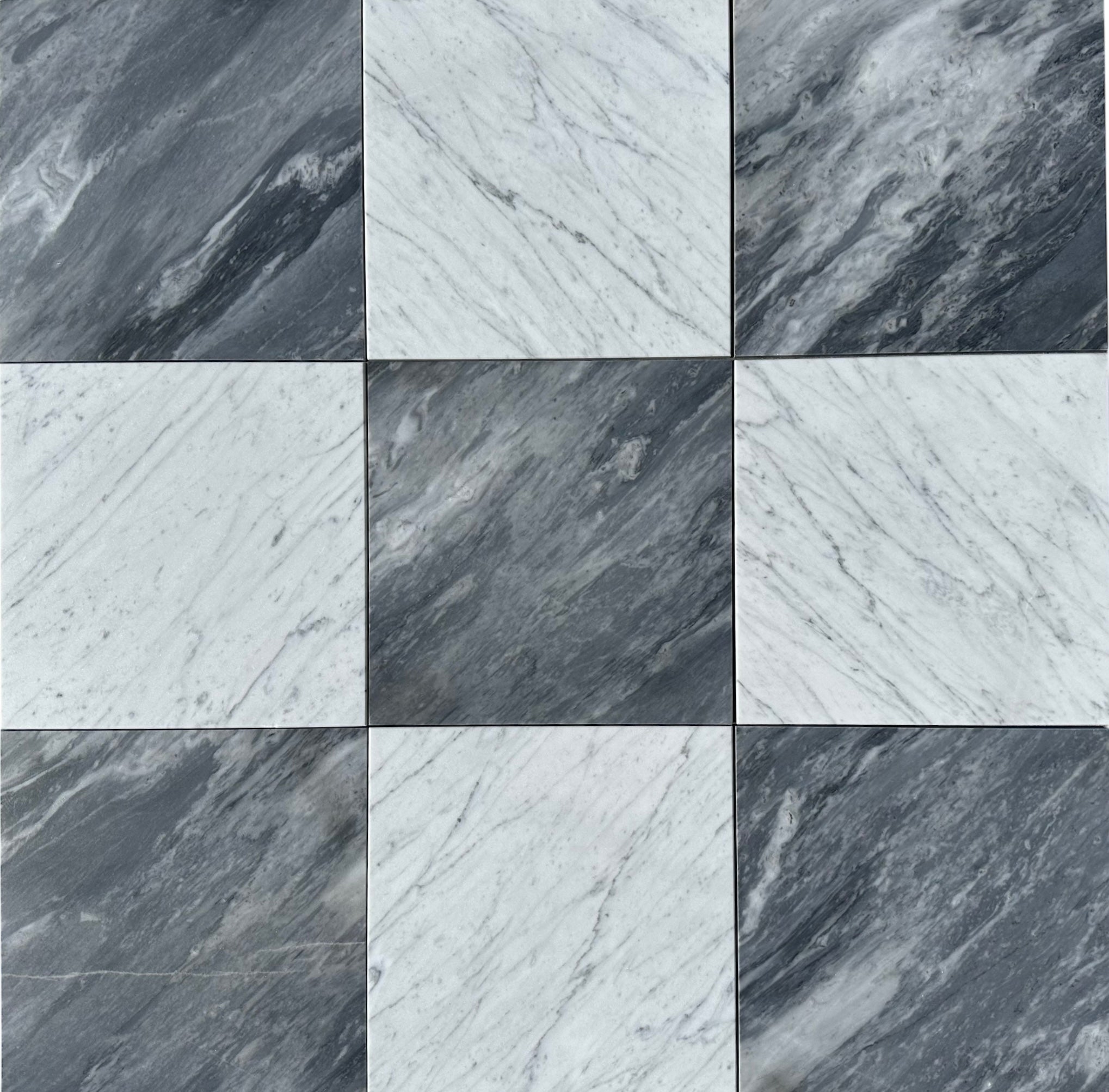 Flat lay of Checkerboard Carrara and Bardiglio Marble tile – 12x12 Italian marble with honed finish.