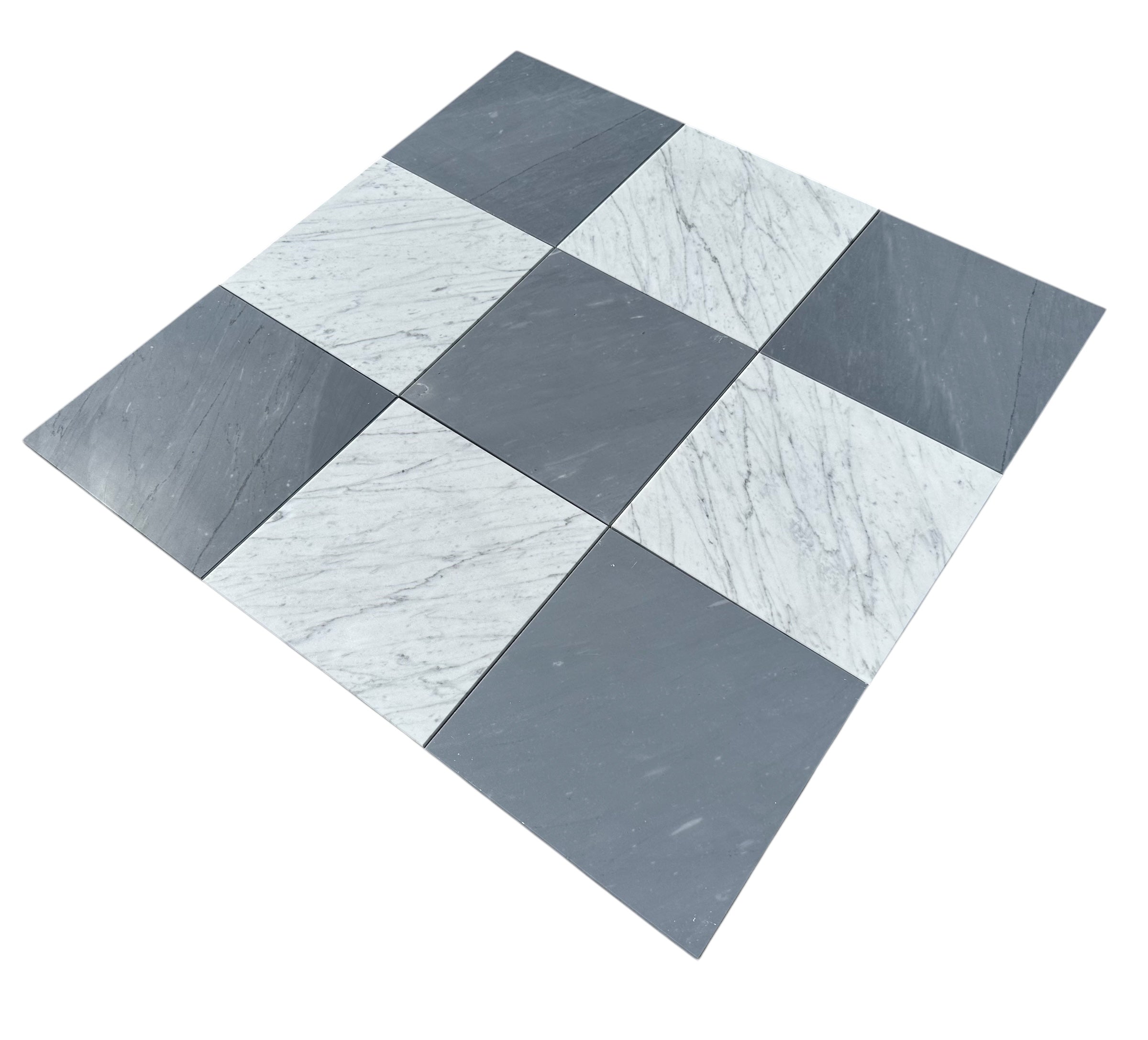 Checkerboard tile with alternating Carrara White and Bardiglio Primo marble 12x12 squares