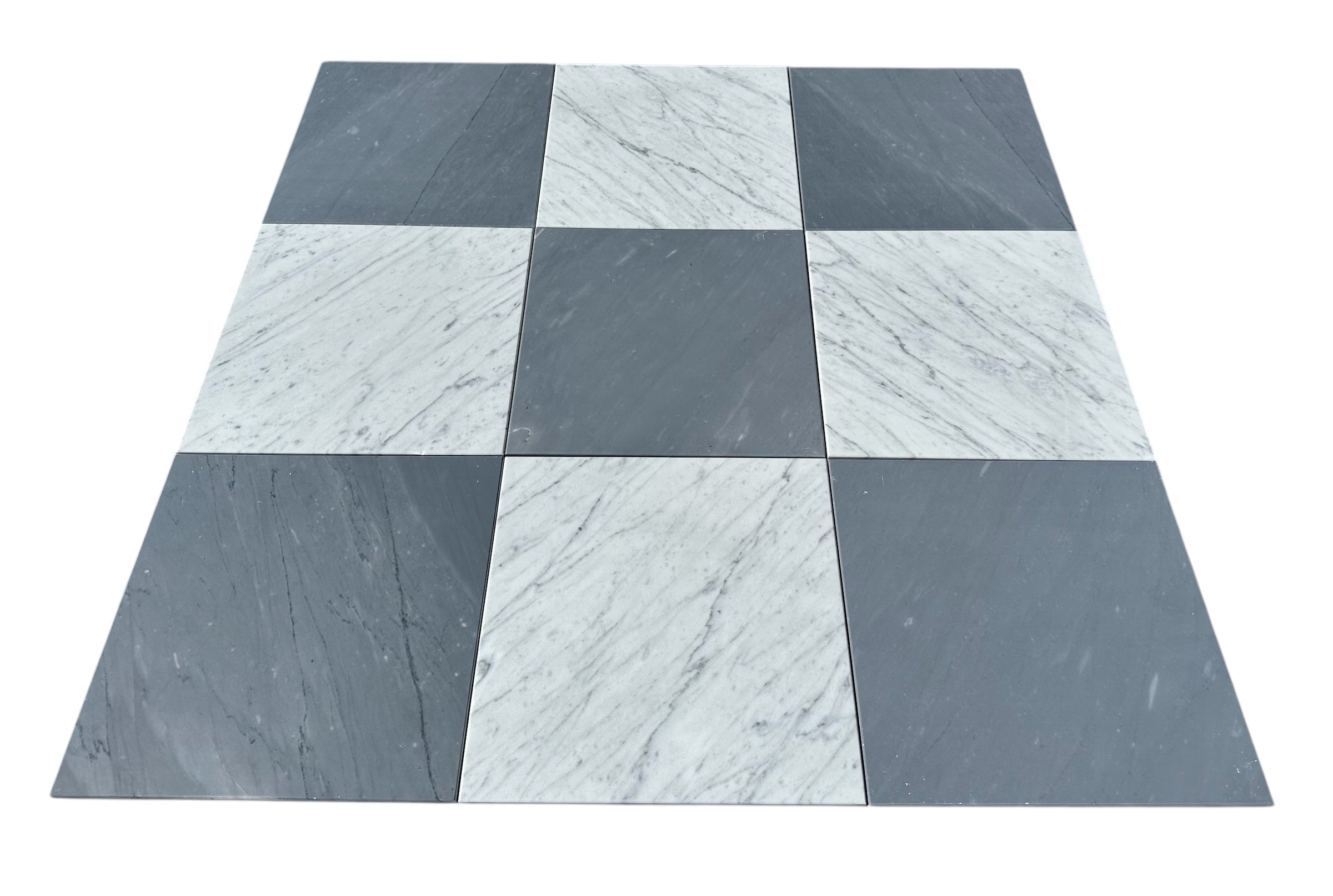 Checkerboard tile with alternating Carrara White and Bardiglio Primo marble 12x12 squares