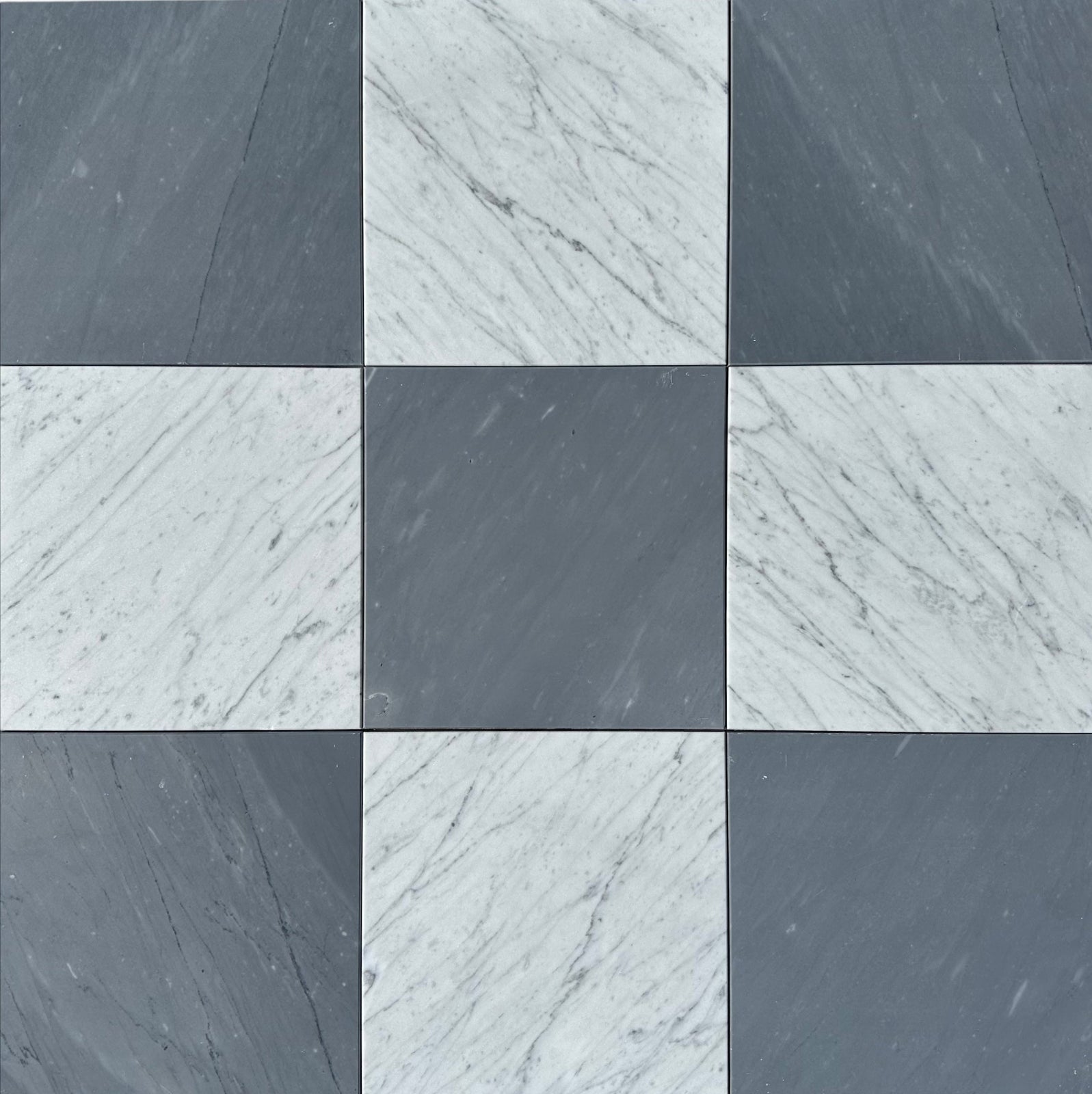 Checkerboard tile with alternating Carrara White and Bardiglio Primo marble 12x12 squares