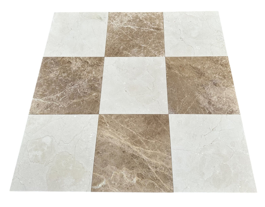 Checkerboard Crema Marfil and Emperador Light Marble Tile – 12x12