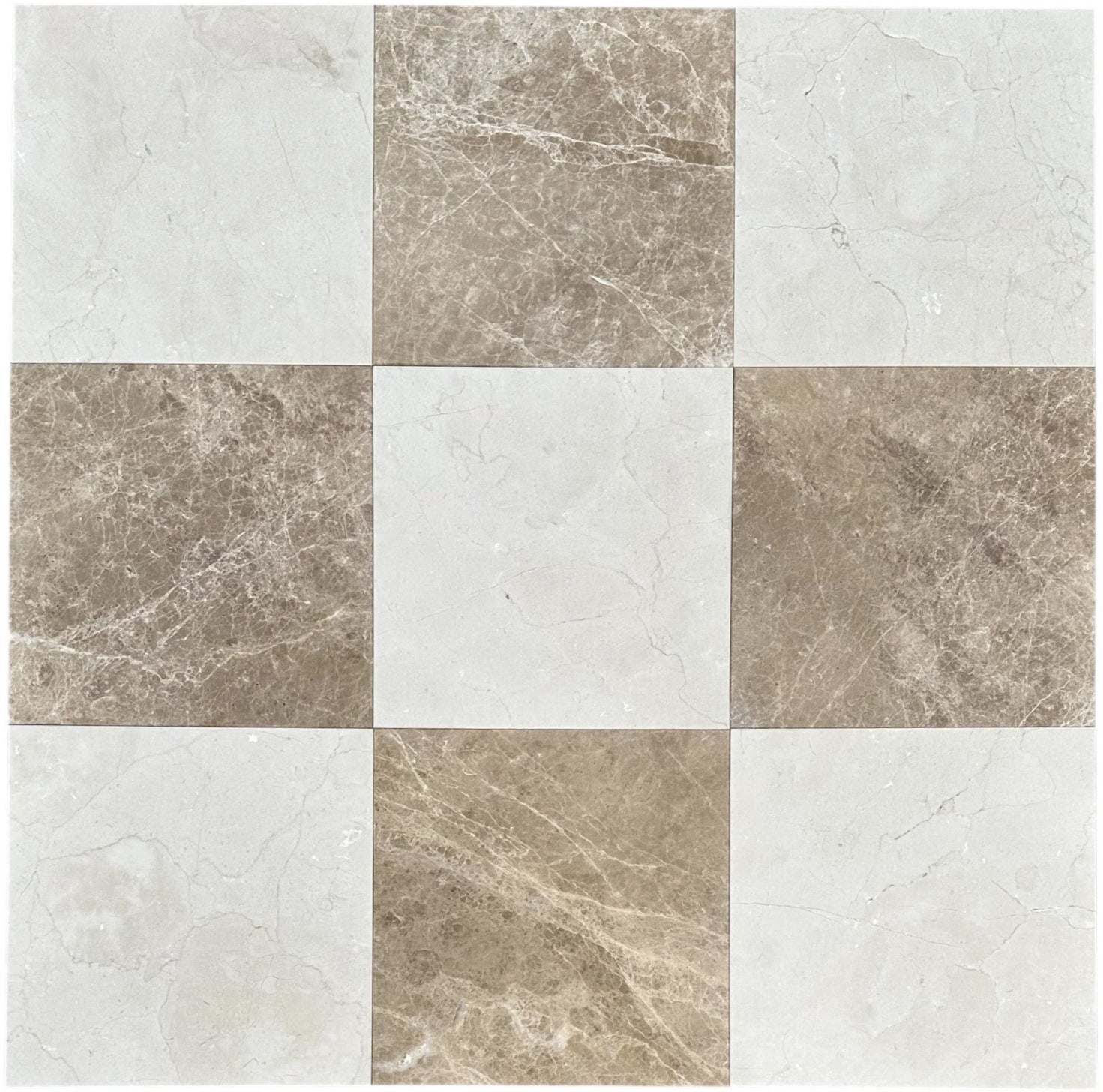 Checkerboard Crema Marfil and Emperador Light Marble Tile – 12x12