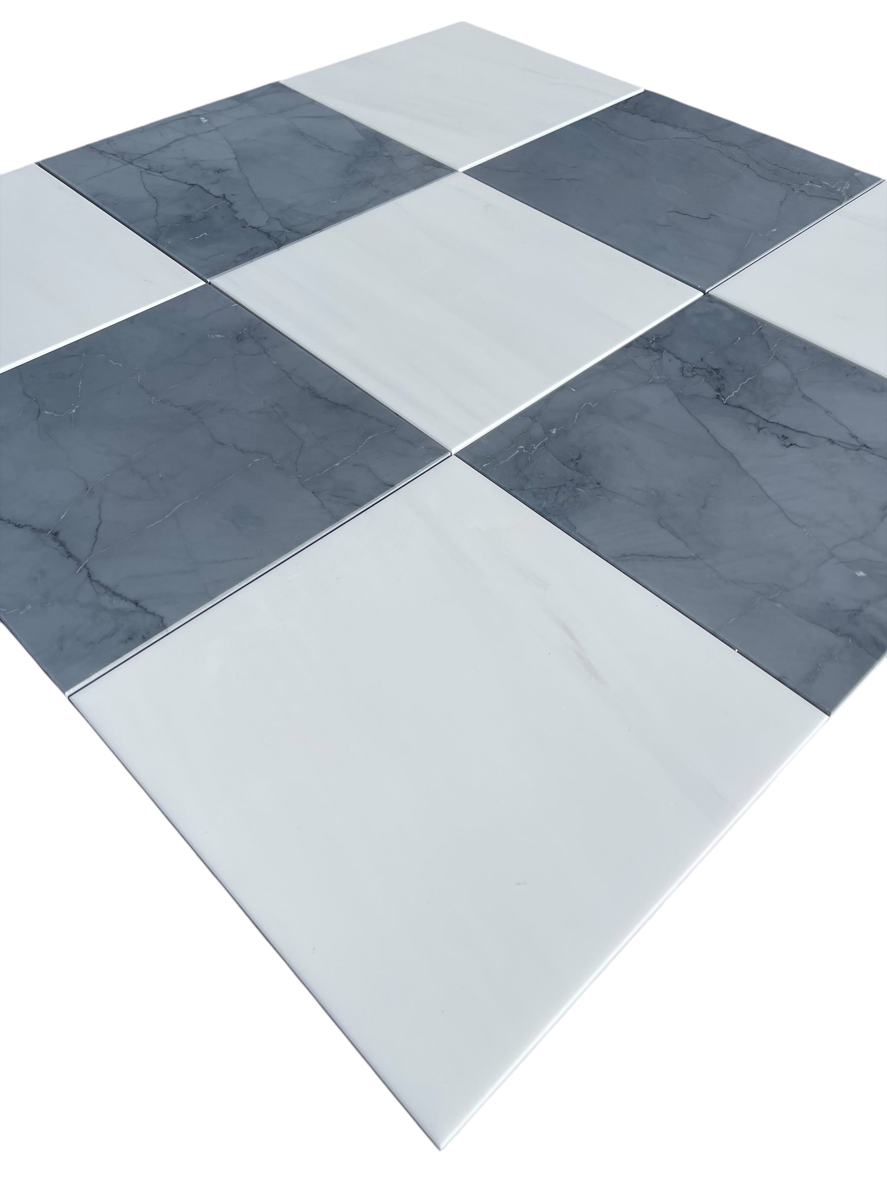 Flat view of Checkerboard Dolomite and Bardiglio Marble Tile, 12x12 polished with white and gray squares